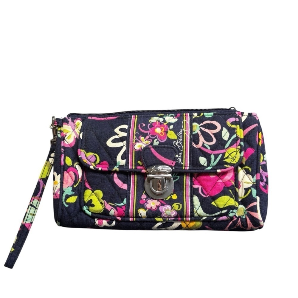 Vera Bradley Navy Ribbons Quilted Floral Wristlet Clutch